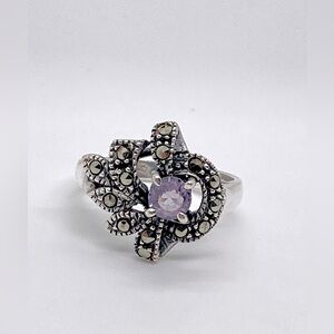 Vtg 925 Sterling Amethyst & Marcasite Ribbon Leaf Statement Ring | Sz 7.75
